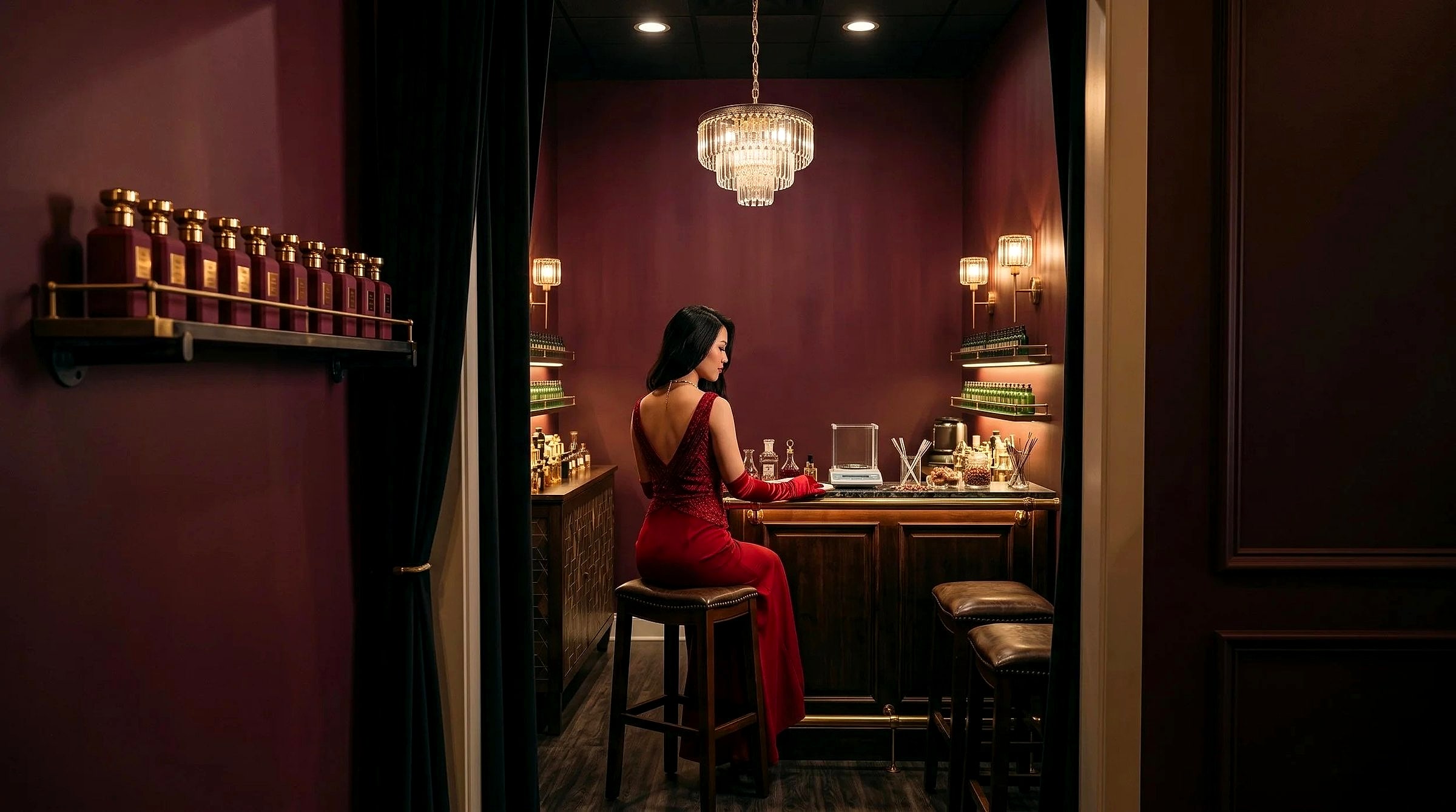 A plum-walled perfume bar behind parted velvet curtains: a woman in red works at the counter under a crystal chandelier, two empty stools beside her