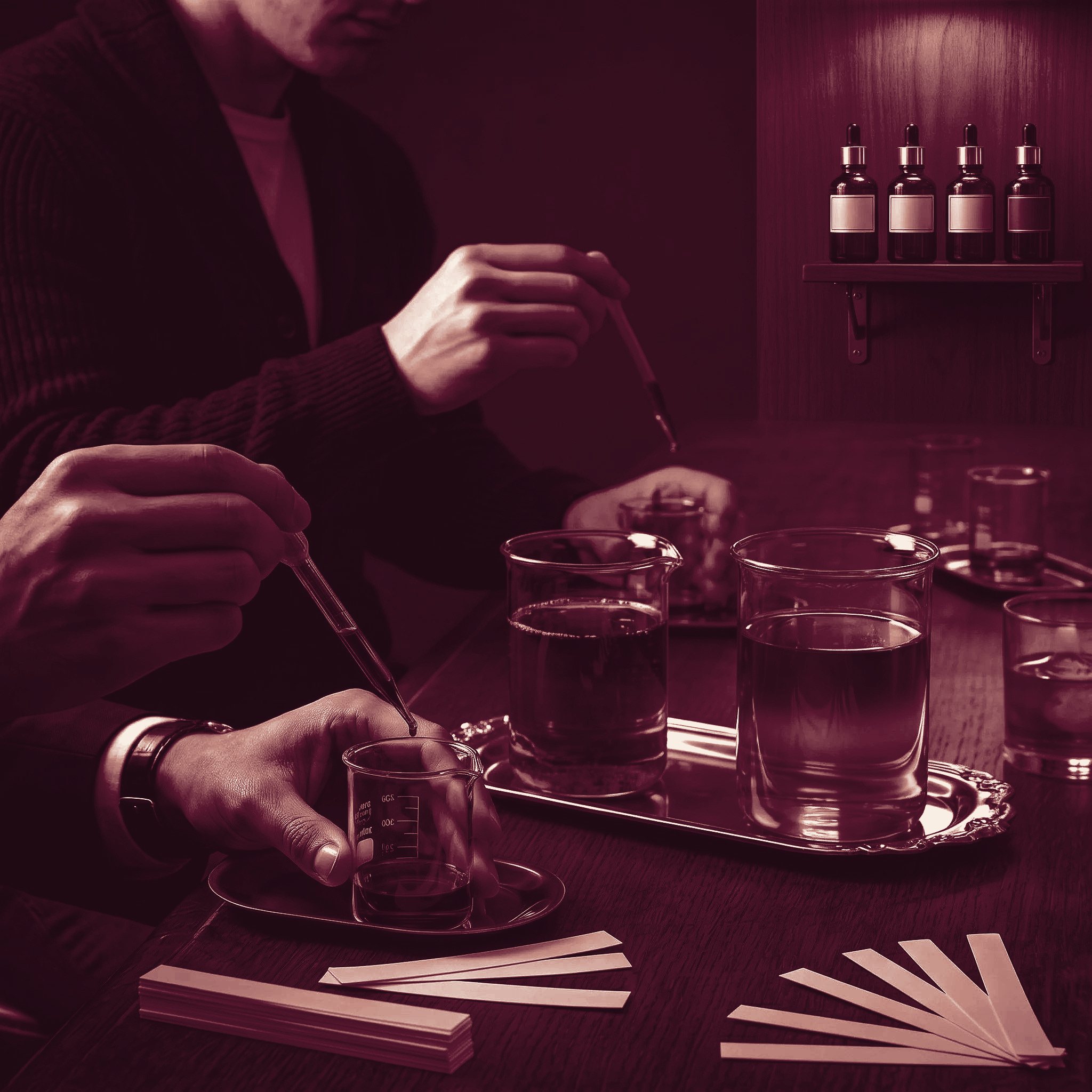 Hands with pipettes over amber beakers on a brass tray