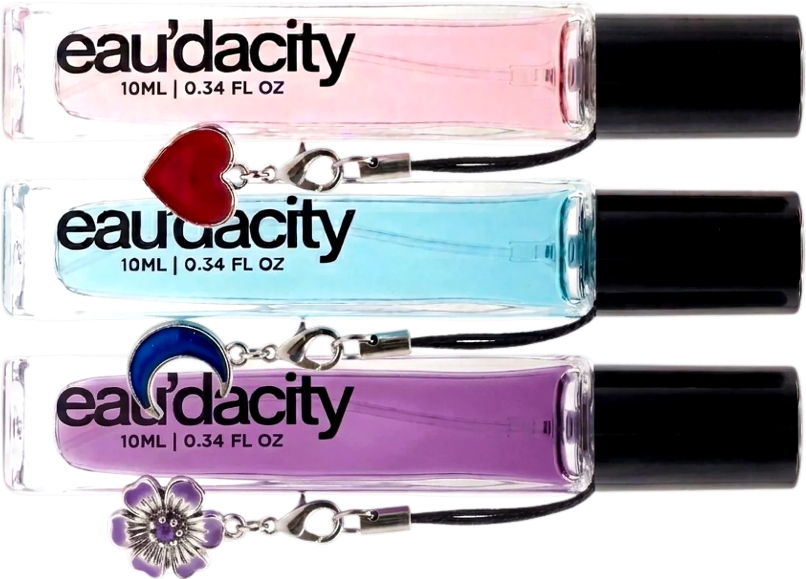 Three eau’dacity 10ml rollers in pink, aqua and lilac, each with a bottle charm